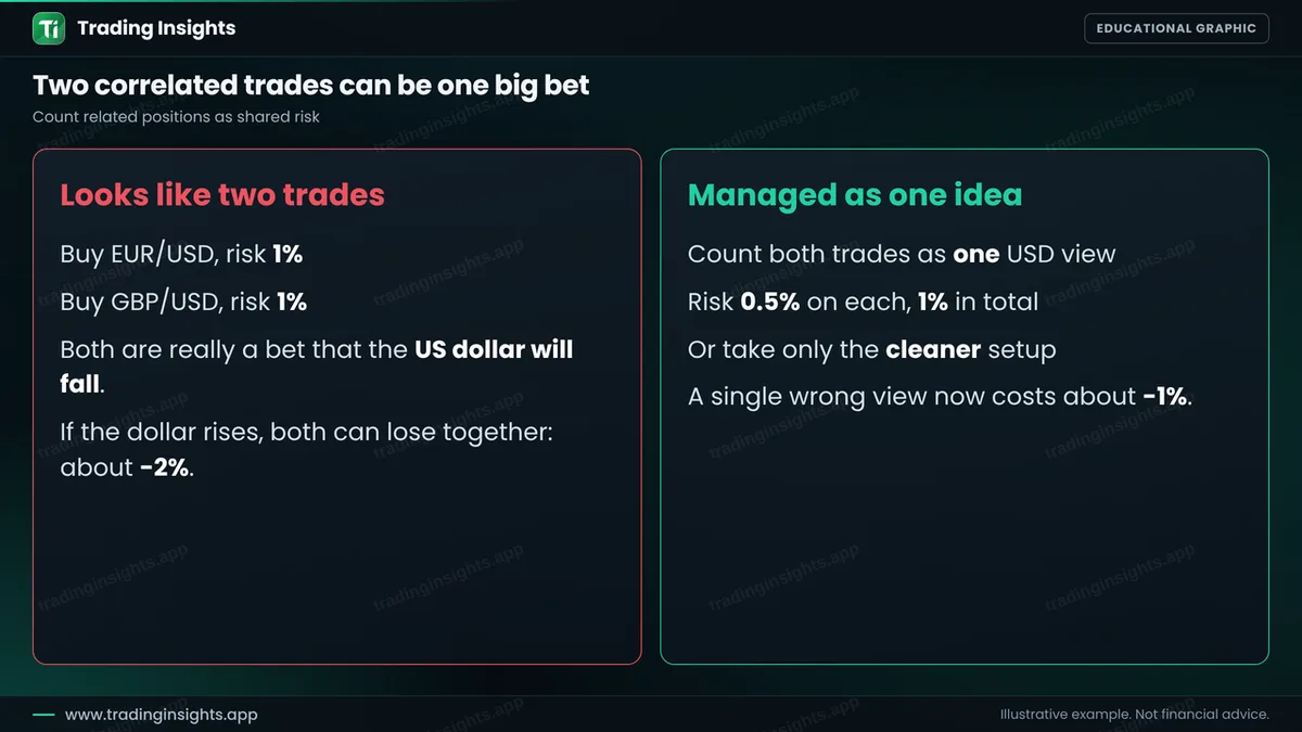 Two panels: two correlated buy trades that look like separate trades but are one bet on a weaker US dollar, and the same idea managed as one trade with half the risk on each