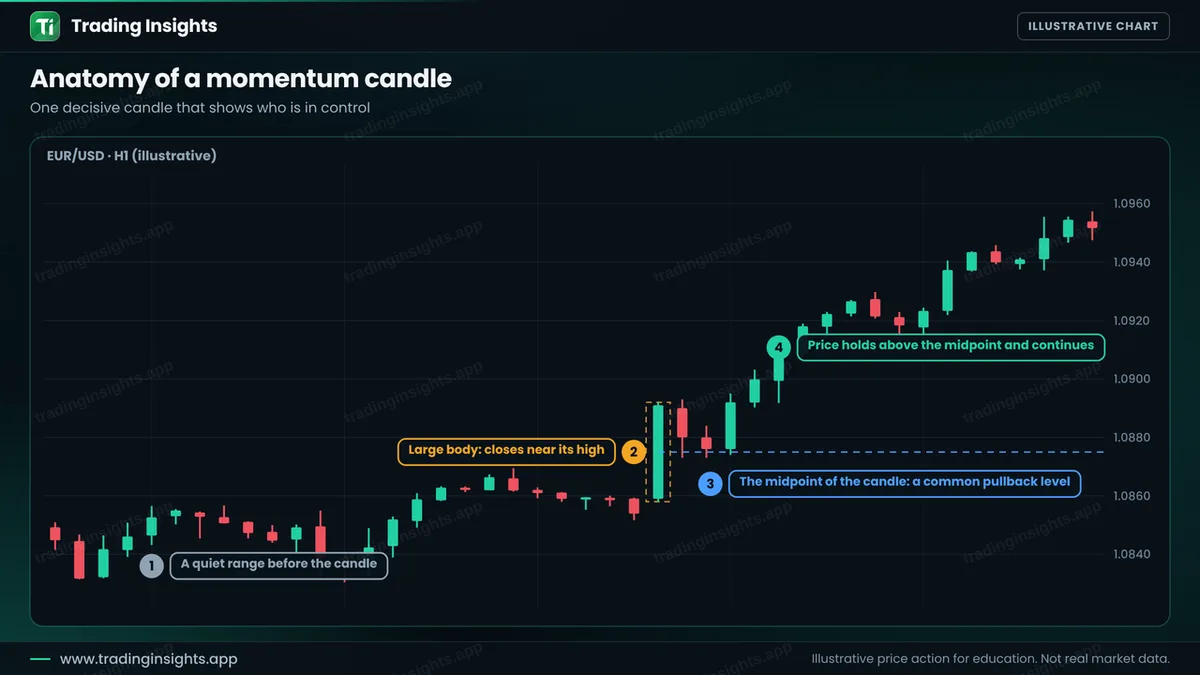 EUR/USD H1 chart of a quiet range followed by a large bullish momentum candle that closes near its high, with a dashed line at the midpoint of the candle and price continuing up