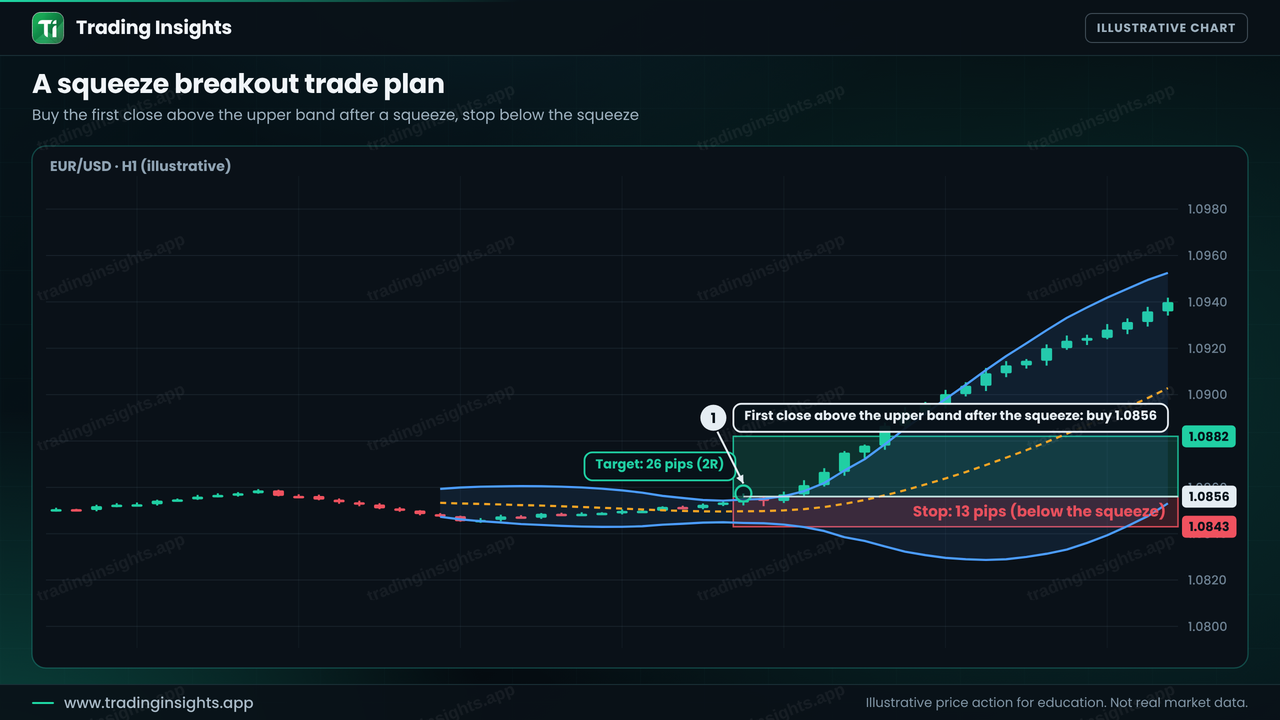 EUR/USD H1 chart of a Bollinger squeeze breakout trade with a buy at 1.0856, a stop at 1.0843 for 13 pips and a target at 1.0882 for 26 pips