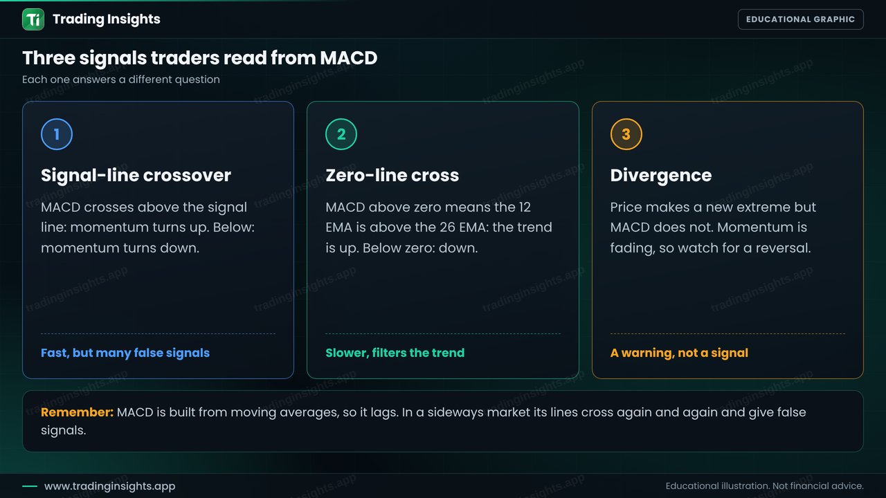 Three cards explaining MACD signals: the signal-line crossover, the zero-line cross and divergence, with a reminder that the MACD lags and gives false signals in sideways markets