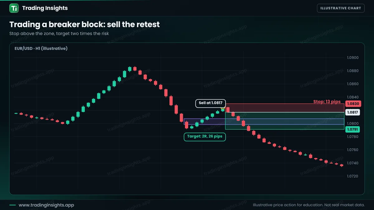 EUR/USD H1 chart of a sell at 1.0817 on the retest of a breaker block, a stop at 1.0830 for 13 pips and a target at 1.0791 for 26 pips