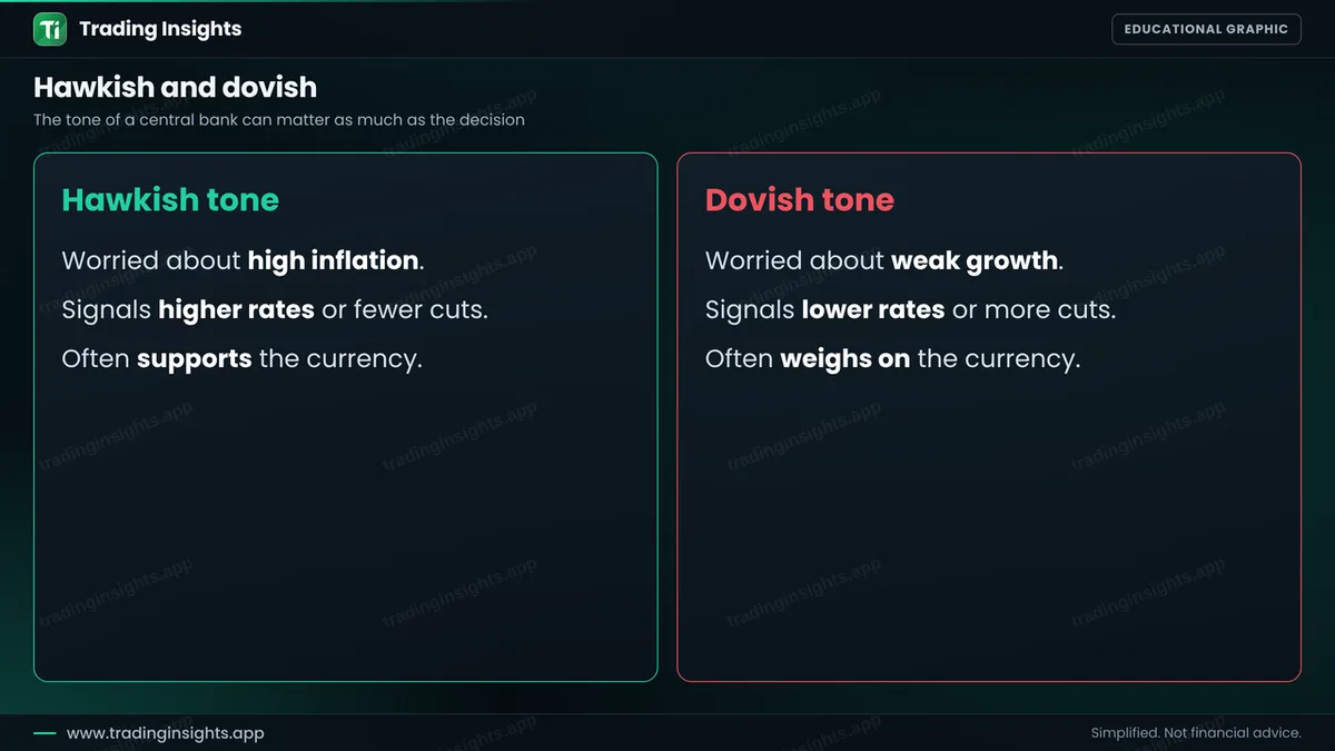 Two panels: a hawkish central bank worried about inflation and signalling higher rates, and a dovish central bank worried about growth and signalling lower rates