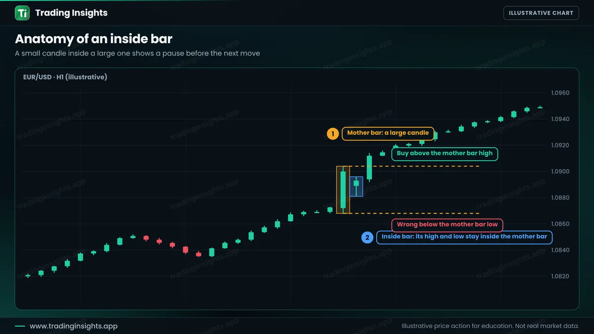 EUR/USD H1 chart with a large mother bar boxed in amber and a smaller inside bar boxed in blue, dashed lines at the mother bar high and low, a buy level above the high and a wrong level below the low