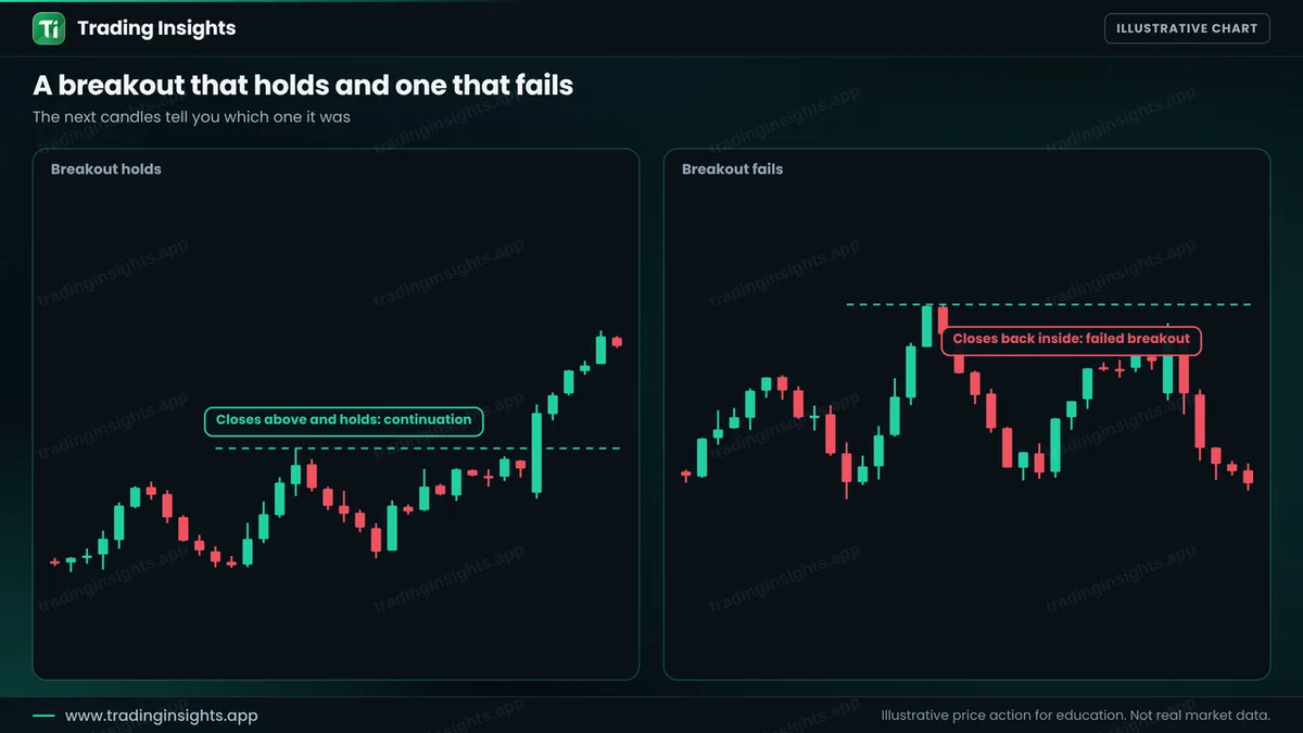 Two EUR/USD H1 charts: a breakout that closes above the channel and holds, and a breakout that closes back inside the channel and fails