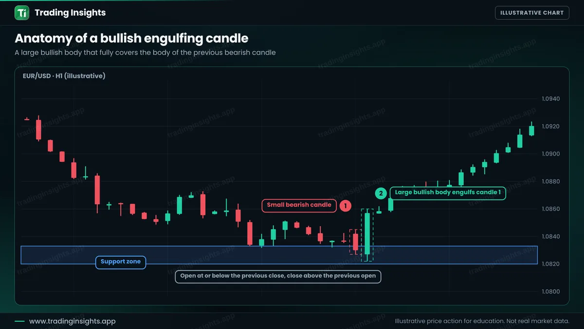 EUR/USD H1 chart with a small bearish candle followed by a large bullish candle that engulfs its body, sitting in a support zone