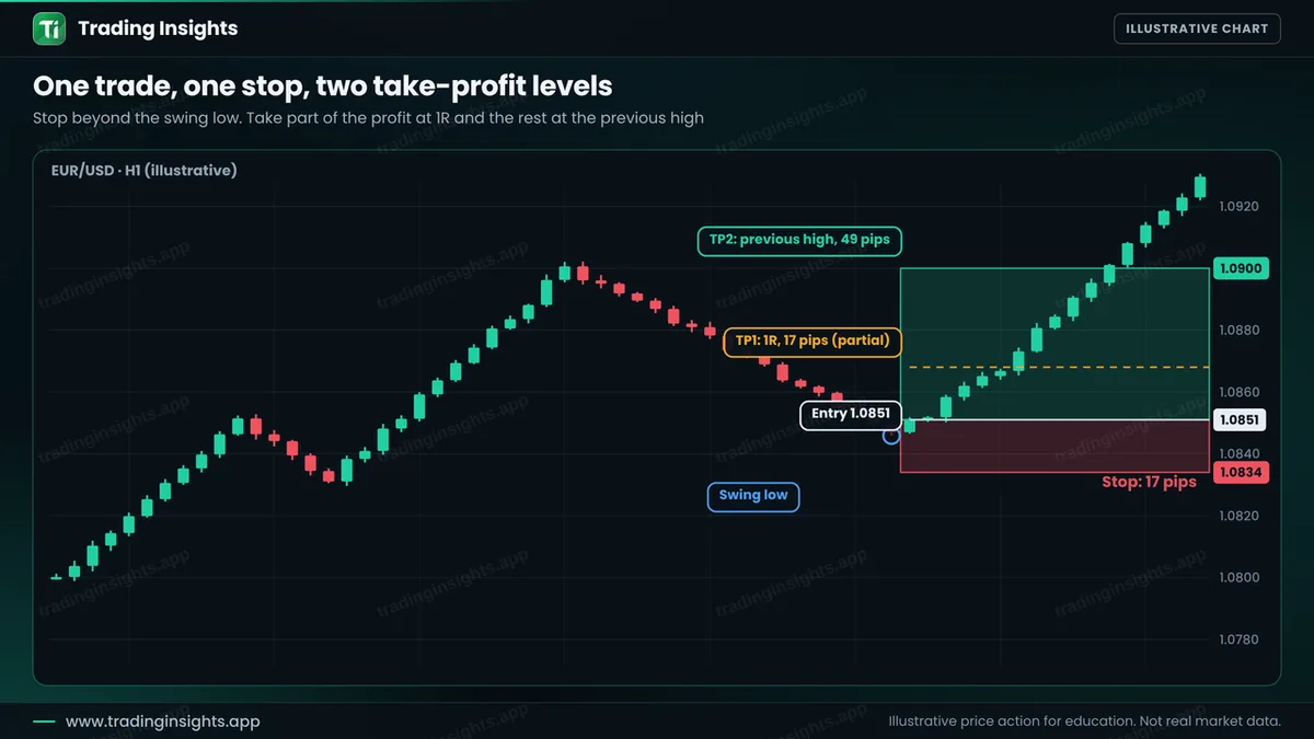 EUR/USD H1 chart of a buy at 1.0851 with a stop 17 pips below, a first take profit 17 pips above and a second take profit at 1.0900 for 49 pips