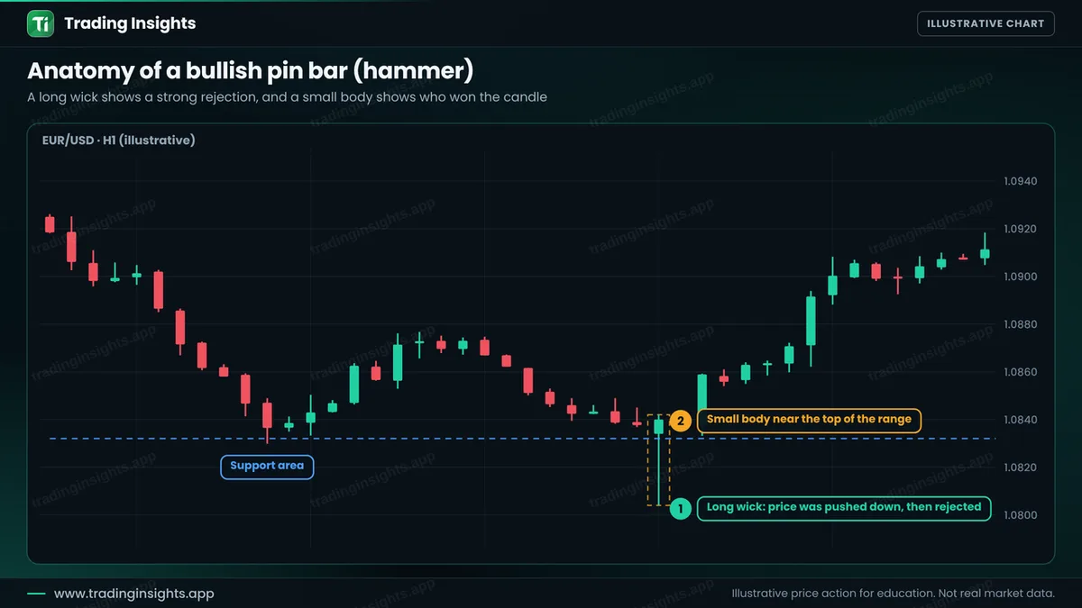 EUR/USD H1 chart with a bullish pin bar at a support area, showing a long lower wick, a small body near the top of the candle and a short upper wick