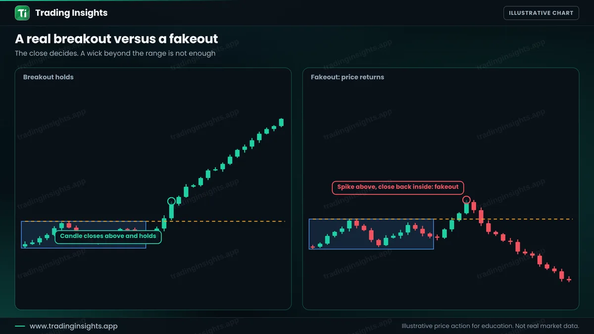 Two panels: on the left a candle closes above the range and price keeps rising, and on the right price spikes above the range, closes back inside and then falls