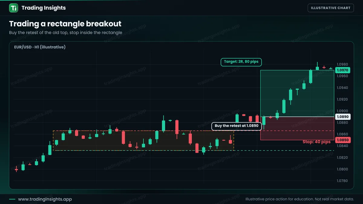EUR/USD H1 chart of a buy at 1.0890 after a rectangle breakout and retest, a stop at 1.0850 for 40 pips and a target at 1.0970 for 80 pips