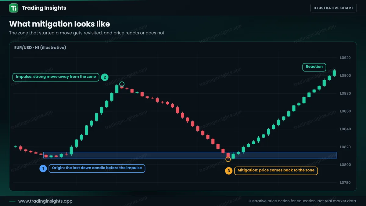 EUR/USD H1 chart with a blue zone at the base of a rally, the impulse move away from the zone, and price returning to the zone later with a bullish reaction