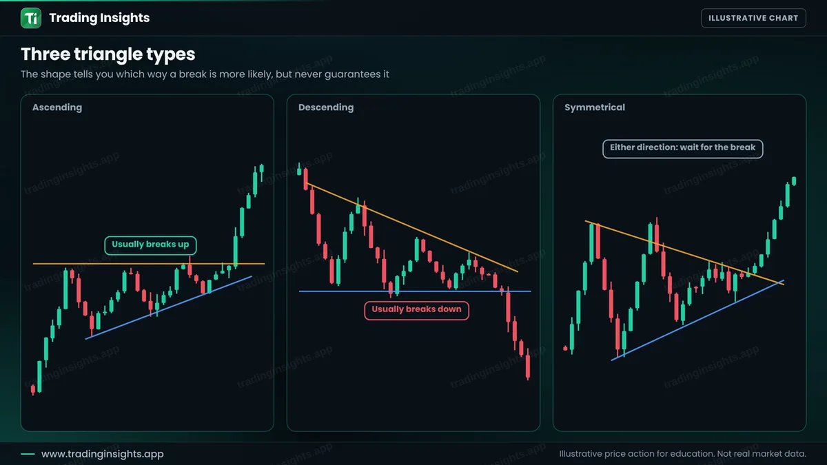 Three panels: an ascending triangle with flat resistance and rising support, a descending triangle with flat support and falling resistance, and a symmetrical triangle with both lines converging