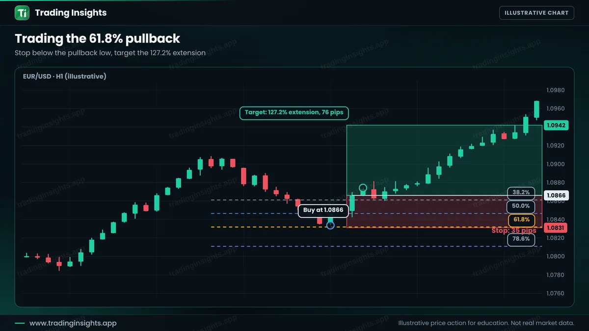 EUR/USD H1 chart of a buy at 1.0866 after a pullback to the 61.8 percent level, a stop at 1.0831 for 35 pips and a target at the 127.2 percent extension at 1.0942 for 76 pips