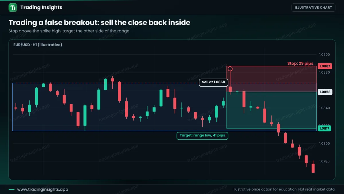 EUR/USD H1 chart of a sell at 1.0858 after a false breakout, a stop at 1.0887 for 29 pips and a target at 1.0817 for 41 pips