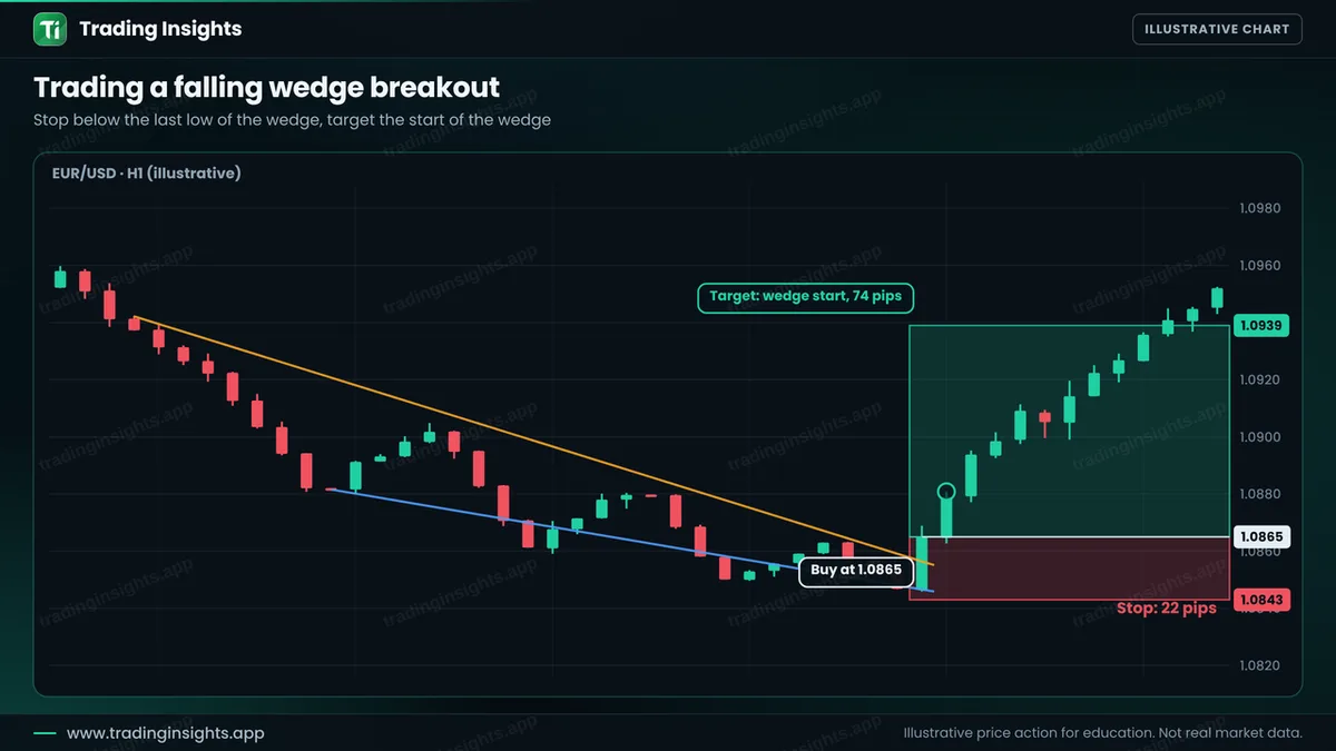 EUR/USD H1 chart of a buy at 1.0865 after a falling wedge breakout, a stop at 1.0843 for 22 pips and a target at 1.0939 for 74 pips