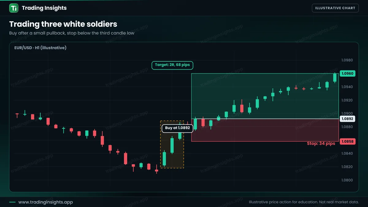 EUR/USD H1 chart of a buy at 1.0892 after three white soldiers and a small pullback, a stop at 1.0858 for 34 pips and a target at 1.0960 for 68 pips
