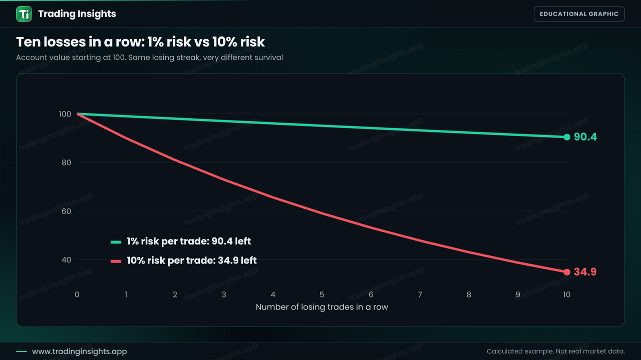 Line chart of account value after ten losing trades in a row: 10 percent risk per trade leaves 34.9 out of 100 and 1 percent risk per trade leaves 90.4 out of 100