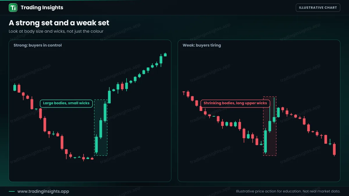 Two EUR/USD H1 charts: three bullish candles with large bodies and small wicks, and three bullish candles with shrinking bodies and long upper wicks