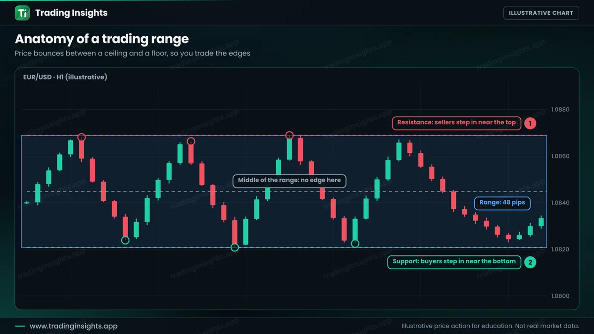 EUR/USD H1 chart with a blue box between support and resistance, three highs at the top marked in red, three lows at the bottom marked in green, a dashed line in the middle and the range size of 48 pips