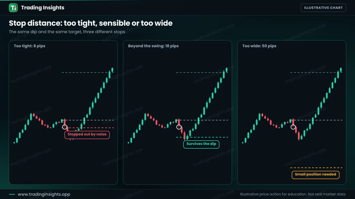 Three charts with the same dip and target: an 8 pip stop that is stopped out by noise, an 18 pip stop beyond the swing that survives, and a 50 pip stop that needs a small position