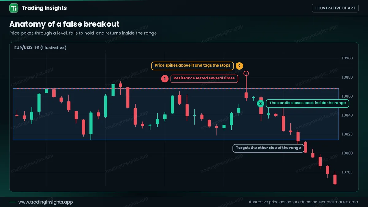 EUR/USD H1 range chart with resistance tested several times, a spike above it and a candle closing back inside the range, with the target at the other side of the range
