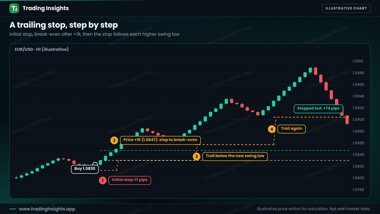 EUR/USD H1 chart of a buy at 1.0830 with an initial stop of 17 pips, a move to break-even at +1R, trailing steps below two higher swing lows and an exit for a profit of 74 pips