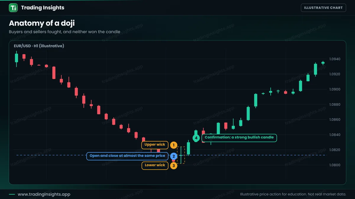 EUR/USD H1 chart of a doji at the end of a fall, with an upper wick, a body where the open and close are almost equal, a lower wick, and a bullish confirmation candle after it