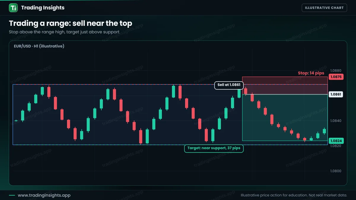 EUR/USD H1 chart of a sell at 1.0861 near the top of a range, a stop at 1.0875 for 14 pips and a target at 1.0824 for 37 pips
