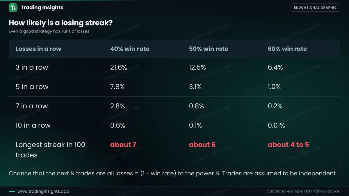 Table of the chance of 3, 5, 7 and 10 losses in a row for 40, 50 and 60 percent win rates, and the expected longest streak in 100 trades