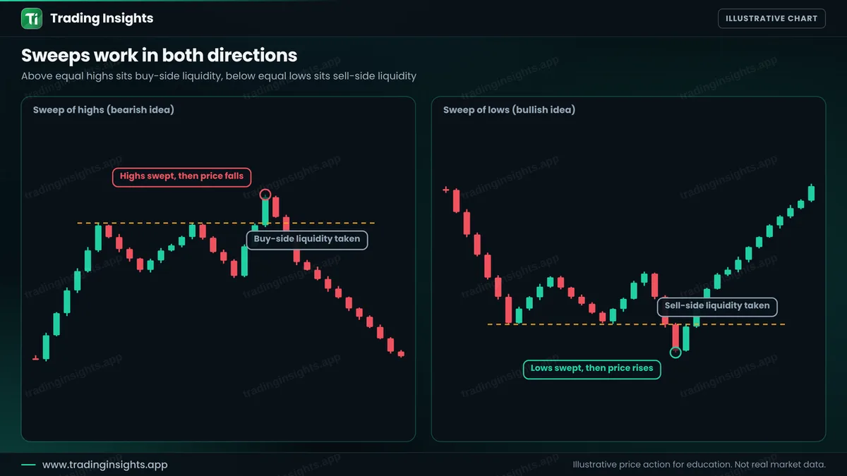 Two panels: a sweep of highs followed by a decline as a bearish idea, and a sweep of lows followed by a rise as a bullish idea