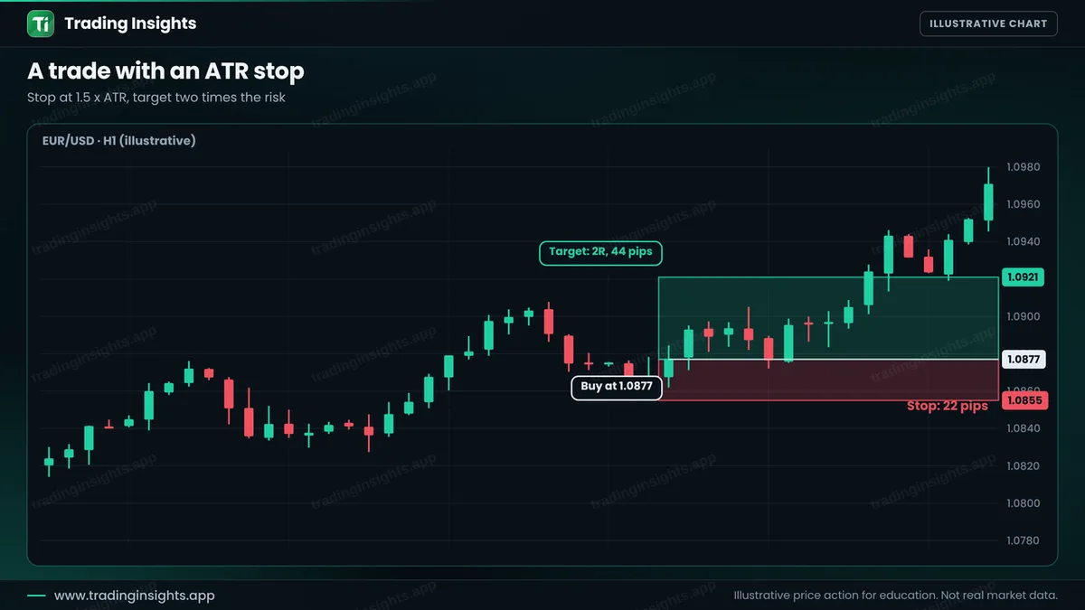 EUR/USD H1 chart of a buy at 1.0877 with a stop 1.5 times ATR below at 1.0855 for 22 pips and a target at 1.0921 for 44 pips