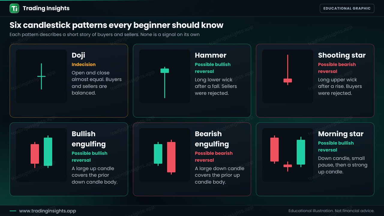 Six candlestick patterns shown as small diagrams: doji, hammer, shooting star, bullish engulfing, bearish engulfing and morning star, each with a one-line meaning