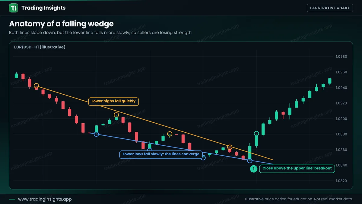 EUR/USD H1 chart of a falling wedge with a steep upper line, a gentler lower line and a candle closing above the upper line as the breakout
