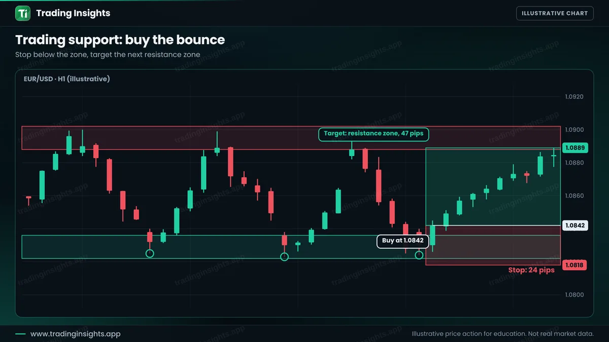 EUR/USD H1 chart of a buy at 1.0842 from a support zone, a stop at 1.0818 for 24 pips and a target at 1.0889 for 47 pips