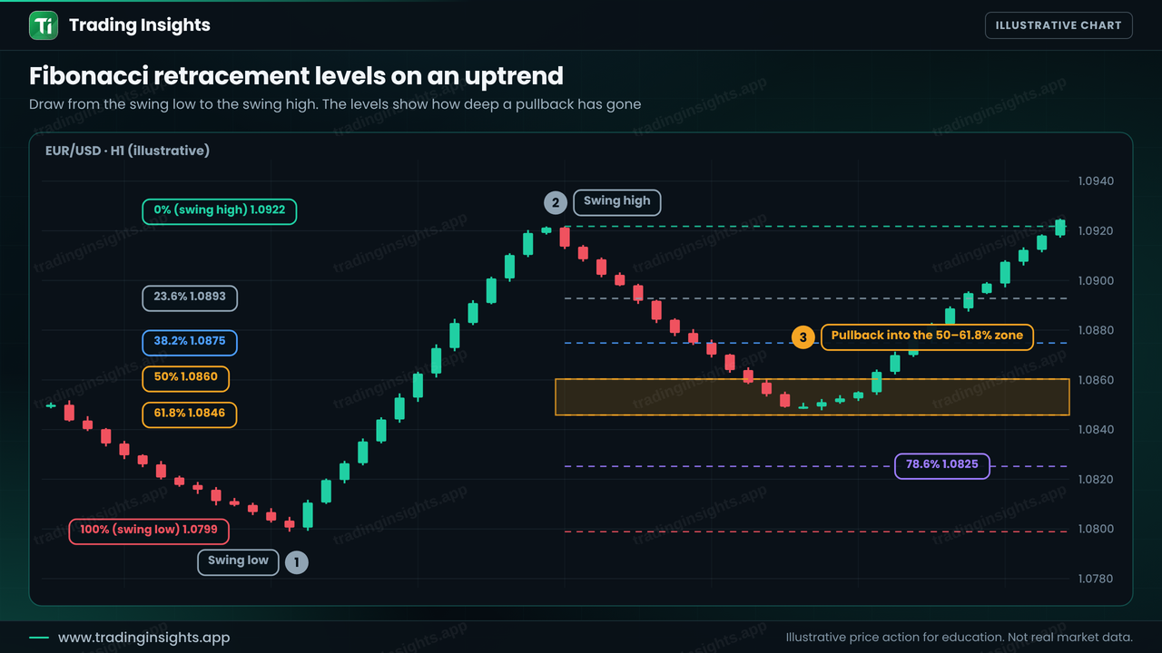 EUR/USD H1 chart with Fibonacci retracement levels drawn from a swing low near 1.0799 to a swing high near 1.0922, showing 23.6, 38.2, 50, 61.8 and 78.6 percent and price pulling back into the 50 to 61.8 percent zone