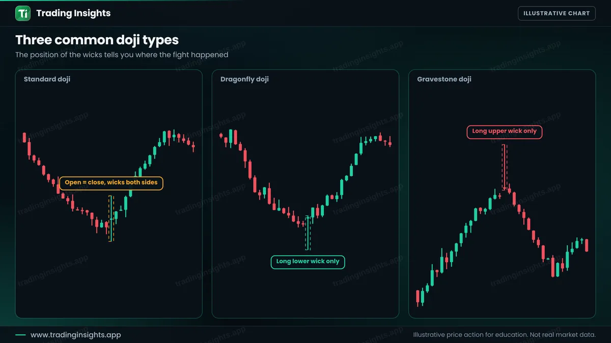 Three EUR/USD H1 charts showing a standard doji with wicks on both sides, a dragonfly doji with a long lower wick and a gravestone doji with a long upper wick