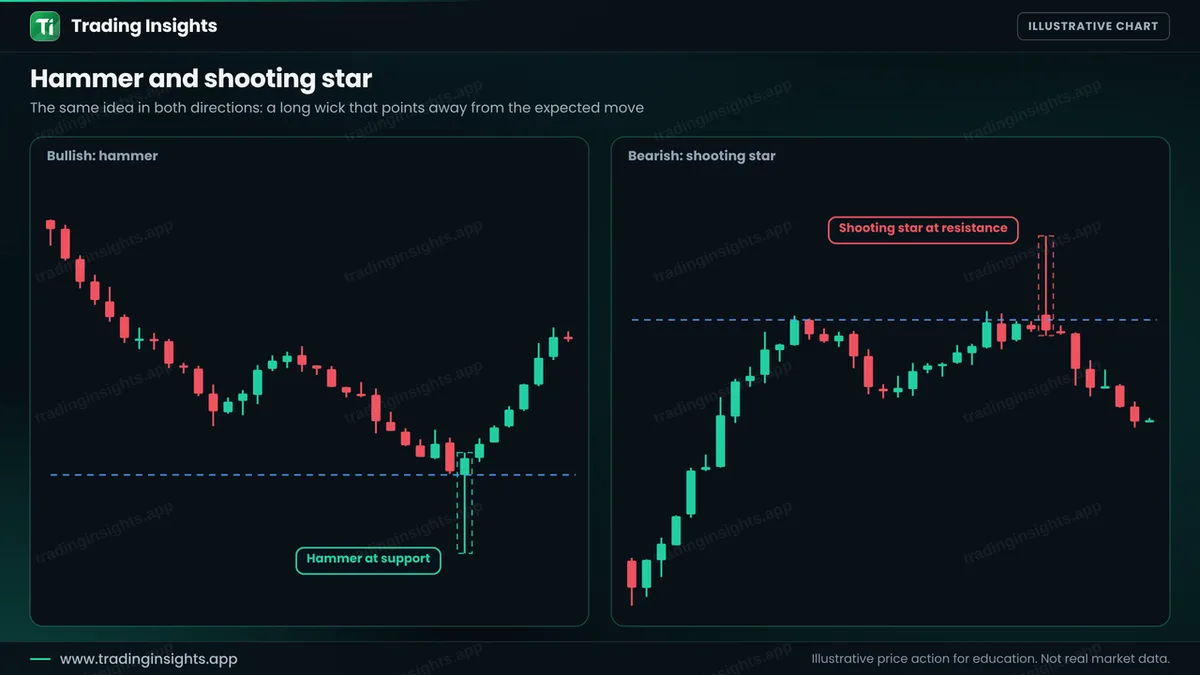 Two panels: a hammer with a long lower wick at a support level followed by a rise, and a shooting star with a long upper wick at a resistance level followed by a fall