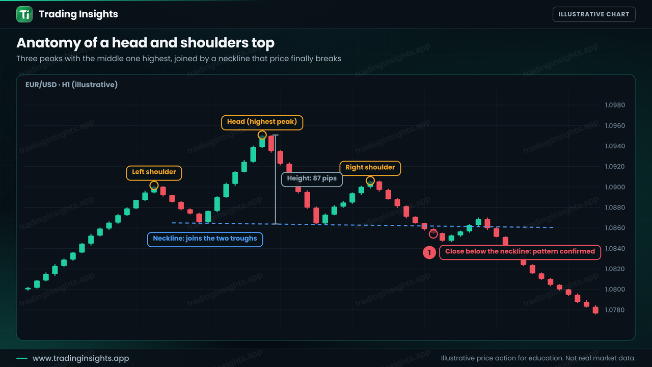 EUR/USD H1 chart of a head and shoulders top with the left shoulder, head and right shoulder labelled, a neckline joining the two troughs and a pattern height of 87 pips