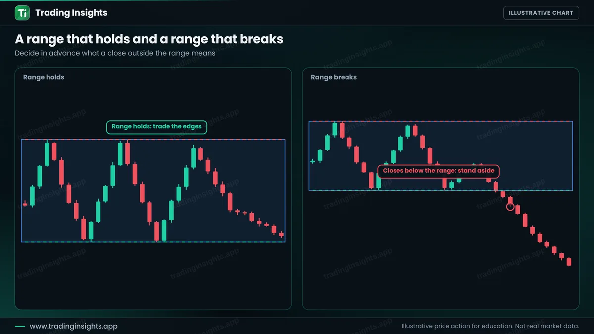 Two panels: a range that holds with price bouncing between the edges, and a range that breaks with a candle closing below the support and price falling