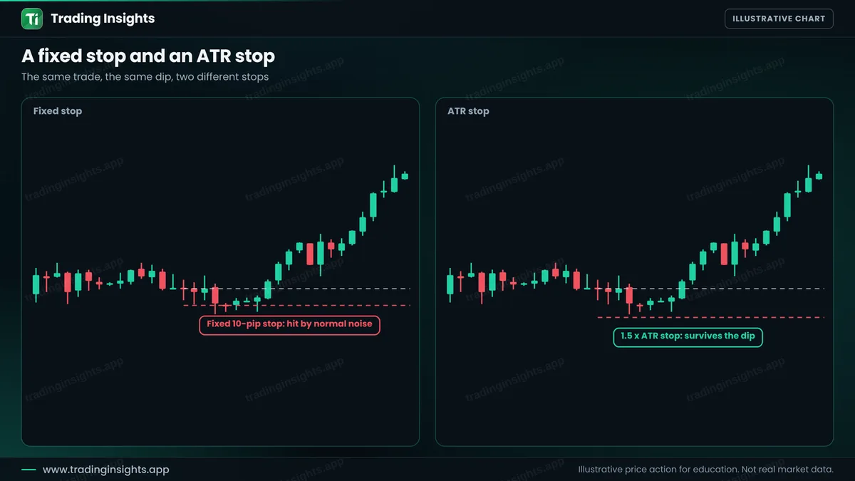 Two EUR/USD H1 charts of the same trade: a fixed 10-pip stop hit by a normal dip, and a stop at 1.5 times ATR that survives the dip and the trade goes on to win