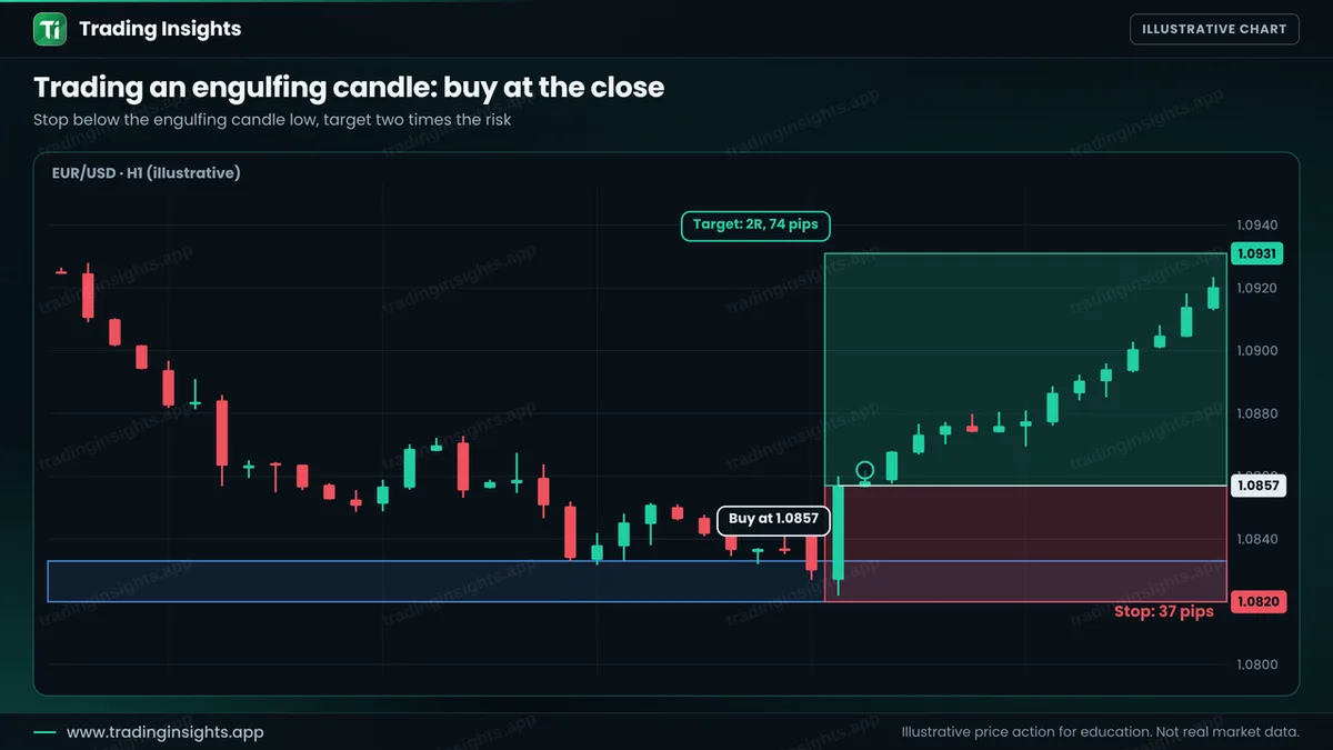 EUR/USD H1 chart of a buy at 1.0857 at the close of a bullish engulfing candle, a stop at 1.0820 for 37 pips and a target at 1.0931 for 74 pips