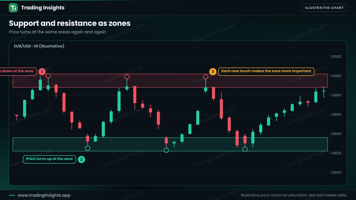 EUR/USD H1 chart with a resistance zone near 1.0890 to 1.0902 and a support zone near 1.0822 to 1.0836, with three turns at each zone