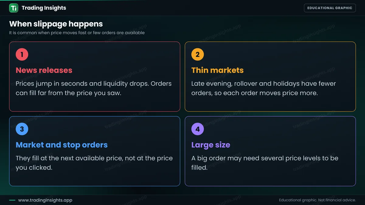 Four cards listing when slippage happens: news releases, thin markets, market and stop orders and large size