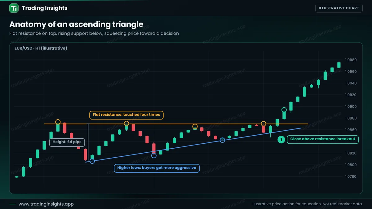 EUR/USD H1 chart of an ascending triangle with four highs touching a flat resistance line, three rising lows on a support line, a height of 64 pips and a candle closing above resistance