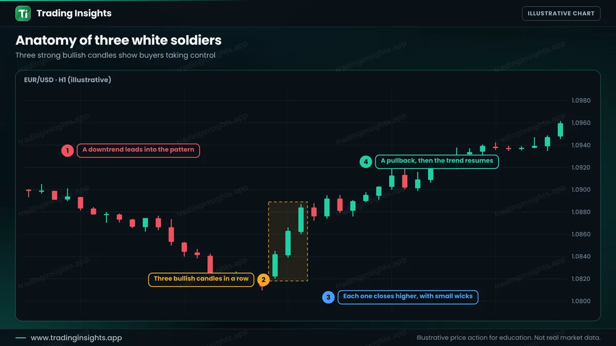 EUR/USD H1 chart of a downtrend followed by three strong bullish candles, each closing higher than the last, then a small pullback and a rise
