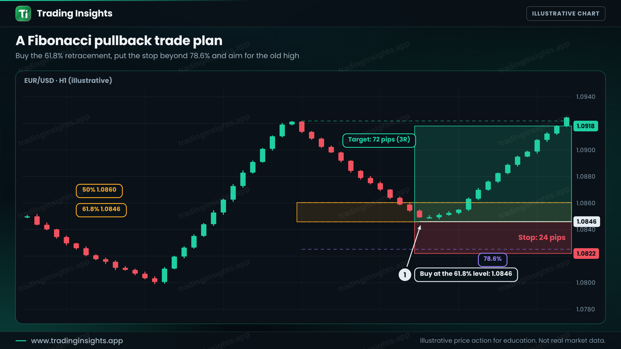 EUR/USD H1 chart with a long entry at the 61.8 percent Fibonacci level at 1.0846, a stop at 1.0822 below the 78.6 percent level and a target at 1.0918 near the swing high