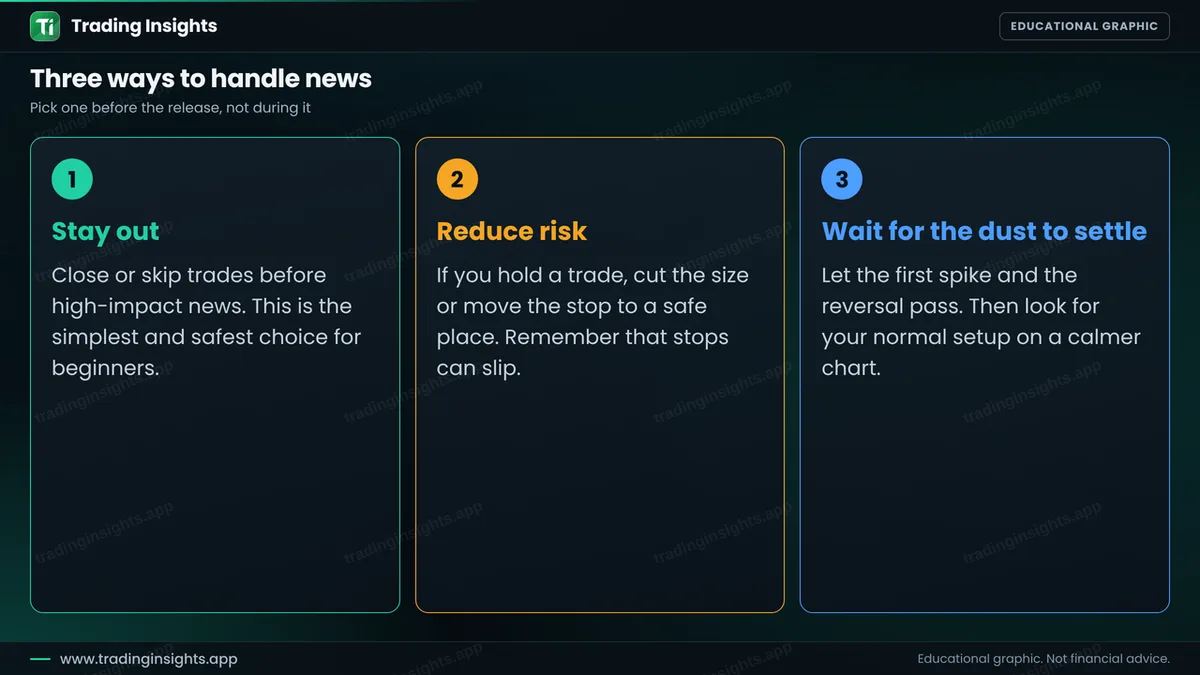 Three cards: stay out before high-impact news, reduce risk if you hold a trade, or wait for the dust to settle before taking a normal setup