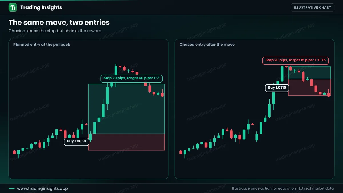 Two EUR/USD H1 charts of the same move: a planned buy at 1.0850 with a 20 pip stop and a 60 pip target, and a chased buy at 1.0916 with a 20 pip stop and a 15 pip target