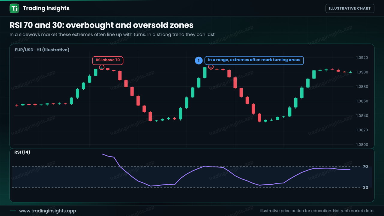 EUR/USD H1 range-bound chart with an RSI panel below, where RSI reaches the 70 line near the highs and the 30 line near the lows