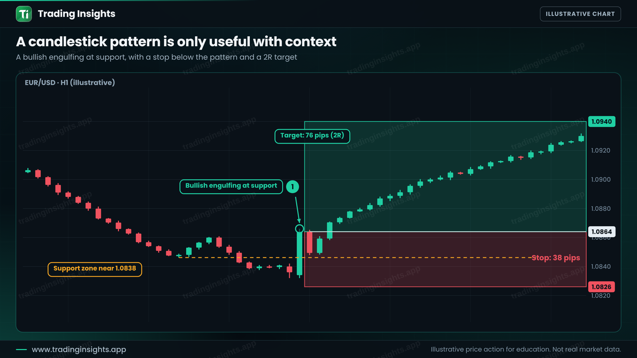 EUR/USD H1 chart with a bullish engulfing candle at a support zone near 1.0838, a long entry at 1.0864, stop at 1.0826 and target at 1.0940