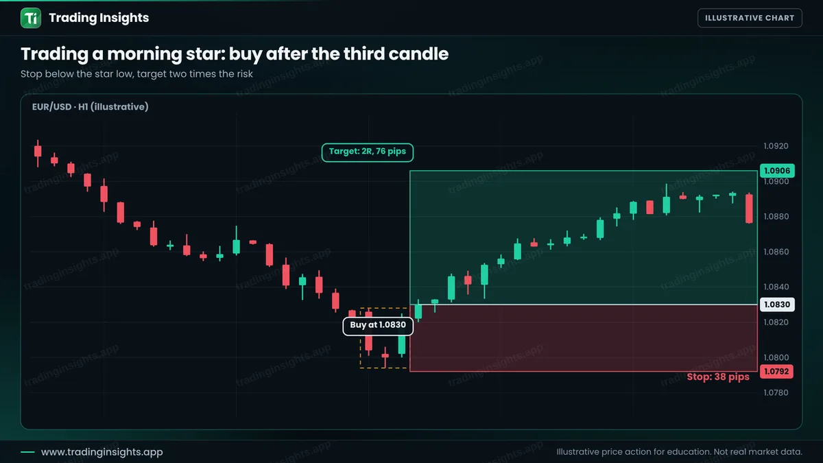 EUR/USD H1 chart of a buy at 1.0830 after a morning star, a stop at 1.0792 for 38 pips and a target at 1.0906 for 76 pips